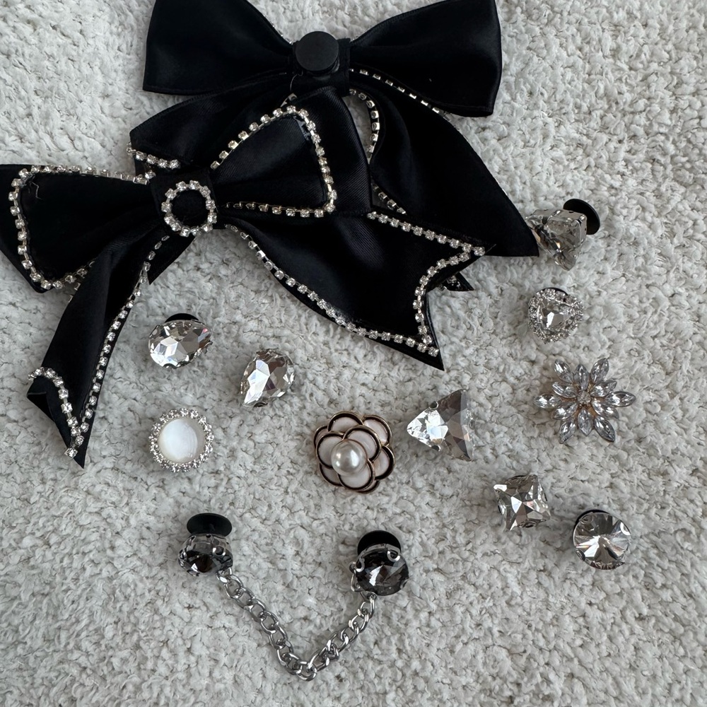 Elegant Black Bow and Crystal Jewelry Set